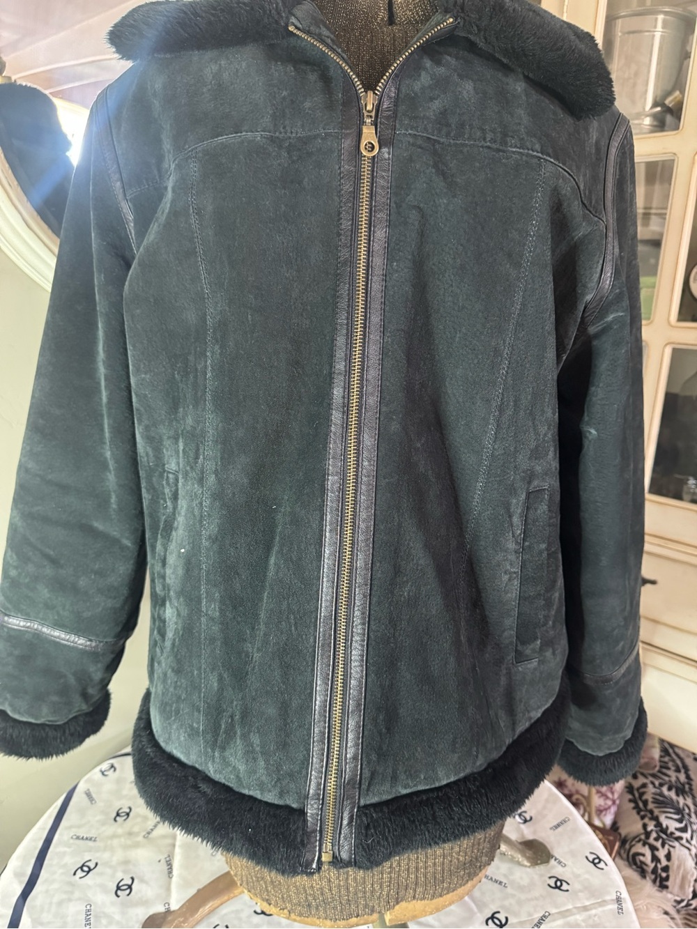White Stag Dark Teal Suede Zip Jacket with Faux Fur Trim